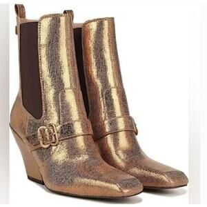 Sam Edelman Suzette Boots 7 NWOT Gold Ankle Booties Western Glam Buckle Heel